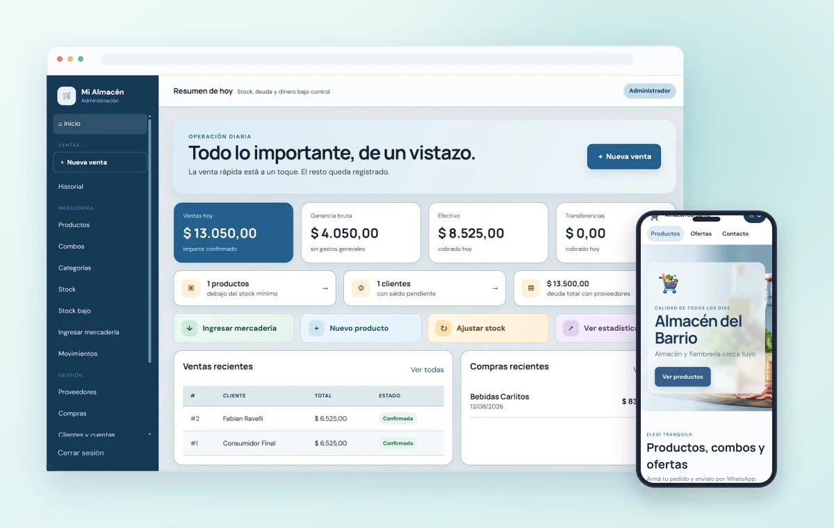 Panel de WebAlmacén y tienda online mostrados completos