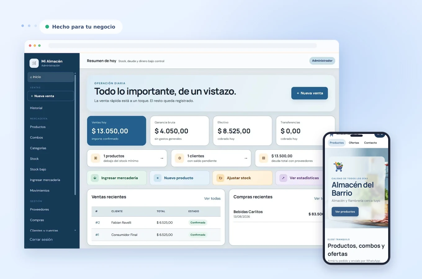 Sistema WebAlmacén en computadora y celular, con ambas pantallas completas