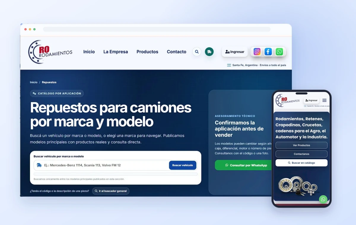 RO Rodamientos con su página completa en computadora y celular